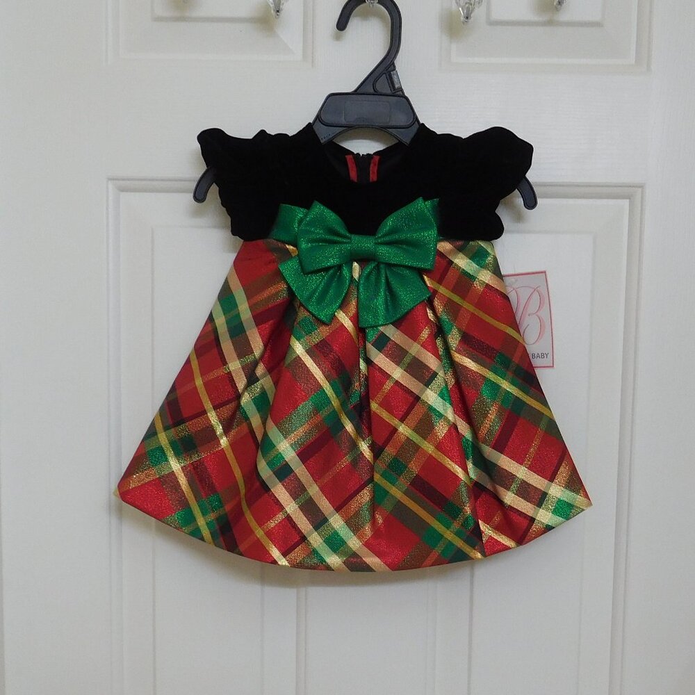NWT Bonnie Baby Black Velvet Plaid Shimmer Skirt Dress sz 6-9 Months